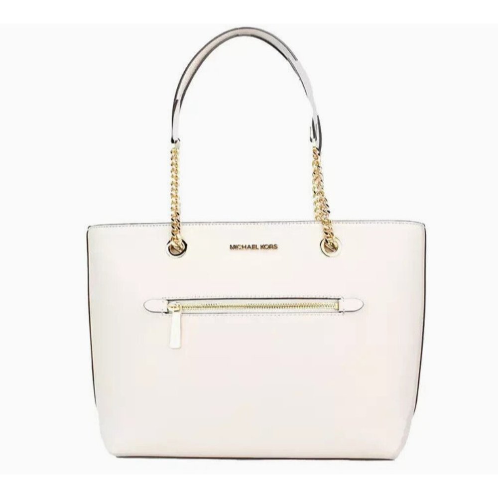 New Michael Kors Jet Set Medium Front Zip Chain Tote Pebble Leather Light Cream